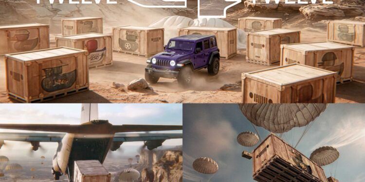 A purple Jeep among wooden crates in a desert, with parachuting crates and “Twelve 4 Twelve” above. First of 12: Jeep launches its 85th Anniversary Limited Edition Series with the Moab 392.