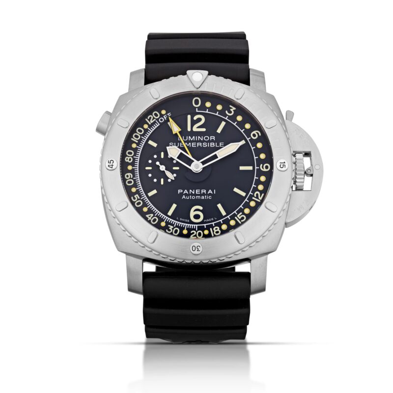 A Panerai Luminor Submersible automatic watch with a black dial, luminous markers, rotating bezel, and a black rubber strap—perfect for those seeking one of the best luxury watches.