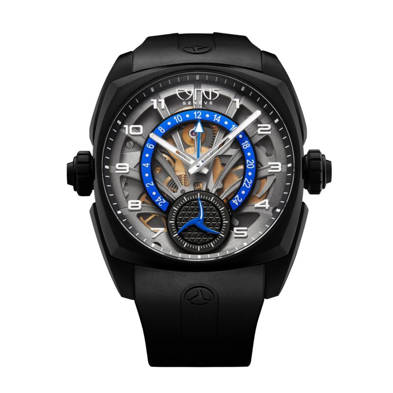 This black wristwatch, featuring a visible mechanical movement, blue and black 24-hour subdial, white hour markers, and a black rubber strap, is a standout among the best luxury watches for modern style and precision.