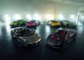 Six Lamborghini supercars from the Ultra-Exclusive Collection are displayed in various colors inside a spacious, well-lit showroom with large windows and a polished floor.