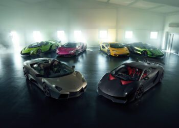 Six Lamborghini supercars from the Ultra-Exclusive Collection are displayed in various colors inside a spacious, well-lit showroom with large windows and a polished floor.