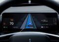 Digital car dashboard display showing navigation with Google Maps, speed at 70 km/h, Live Lane Guidance, and route details including distance, time, battery charge, and gear indicator in a Polestar 4.