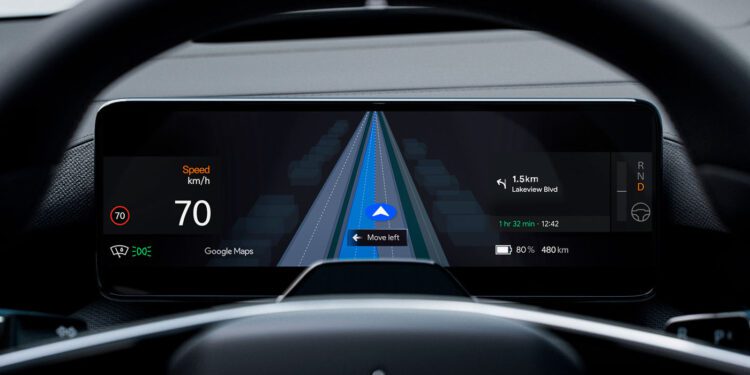 Digital car dashboard display showing navigation with Google Maps, speed at 70 km/h, Live Lane Guidance, and route details including distance, time, battery charge, and gear indicator in a Polestar 4.