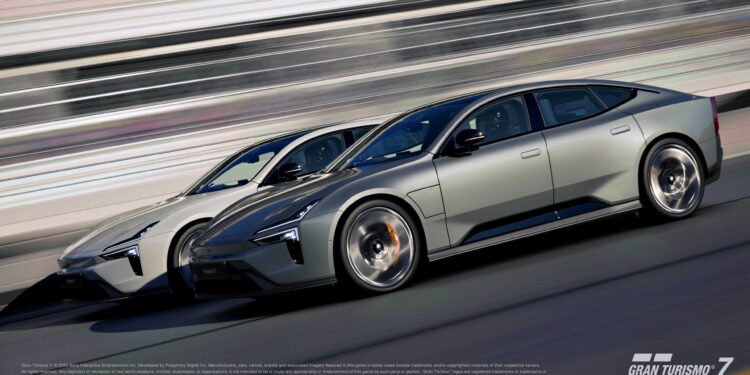 Two sleek, modern electric cars, including the Polestar 5, race side by side on a track with "Gran Turismo 7" branding in the corner—capturing all the excitement of December’s latest update.