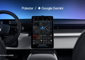 Interior view of a Polestar vehicle featuring a large central touchscreen display with Google Gemini integration on the dashboard.