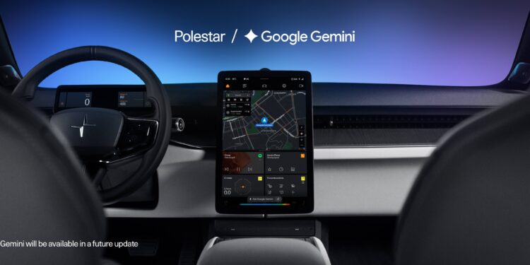 Interior view of a Polestar vehicle featuring a large central touchscreen display with Google Gemini integration on the dashboard.