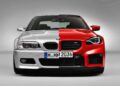 A composite image showing the front halves of two BMW cars, one silver E46 M3 and one red, aligned side by side to highlight design differences in a modern-day comparison.