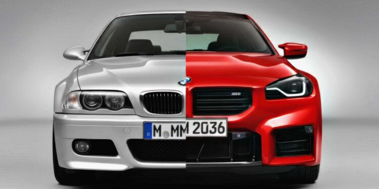 A composite image showing the front halves of two BMW cars, one silver E46 M3 and one red, aligned side by side to highlight design differences in a modern-day comparison.