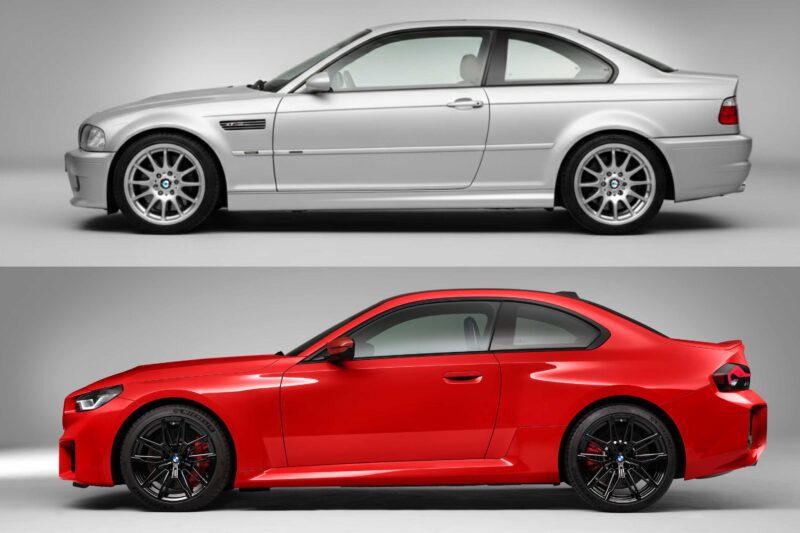 Side view comparison of a silver E46 M3 coupe above a red modern-day coupe, both parked in a studio setting.