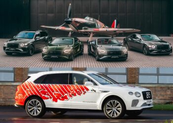 A lineup of five black Bentley cars from the Czech Squadron Collection honors wartime heroes in front of a vintage fighter plane, with a separate 2025 Remembrance Car SUV featuring red graphics parked by a brick building.