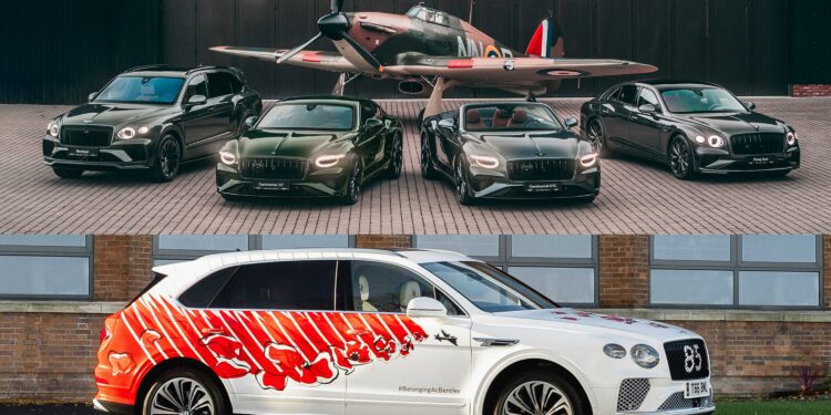 A lineup of five black Bentley cars from the Czech Squadron Collection honors wartime heroes in front of a vintage fighter plane, with a separate 2025 Remembrance Car SUV featuring red graphics parked by a brick building.