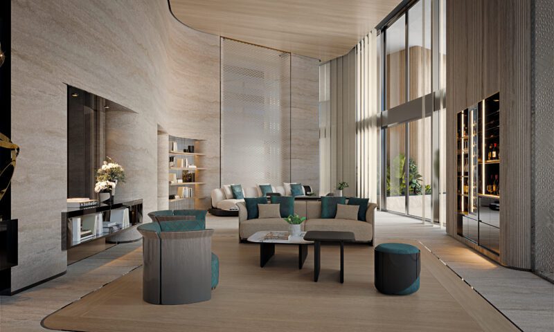 Modern living room with high ceilings, neutral-toned walls and floors, stylish furniture, a large window, and built-in shelves with decor—true to the lavish style found in Bentley Residences’ $75 million luxury Miami penthouses.