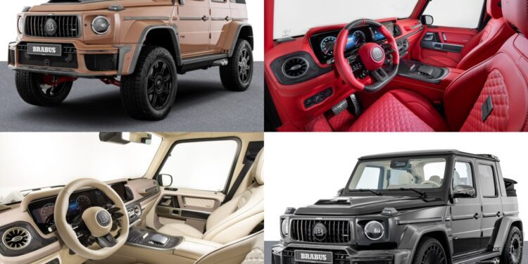 A collage showcases the Brabus Debuts 800 Cabrio and XL 800 Cabrio: one in brown with a beige interior, and another in black with a striking red interior, highlighting their standout exterior and interior features.
