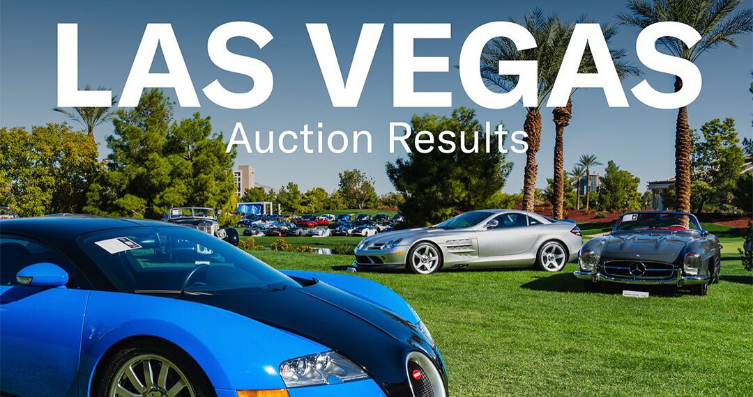Three luxury sports cars, including a Bugatti Veyron, are displayed on a grassy lawn with palm trees in the background; large white text reads "LAS VEGAS Auction Results" from the Broad Arrow Las Vegas Auction.