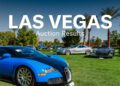 Three luxury sports cars, including a Bugatti Veyron, are displayed on a grassy lawn with palm trees in the background; large white text reads "LAS VEGAS Auction Results" from the Broad Arrow Las Vegas Auction.