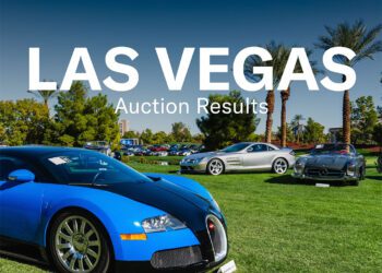 Three luxury sports cars, including a Bugatti Veyron, are displayed on a grassy lawn with palm trees in the background; large white text reads "LAS VEGAS Auction Results" from the Broad Arrow Las Vegas Auction.