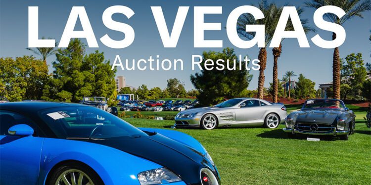 Three luxury sports cars, including a Bugatti Veyron, are displayed on a grassy lawn with palm trees in the background; large white text reads "LAS VEGAS Auction Results" from the Broad Arrow Las Vegas Auction.