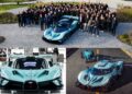 A group of people stands around a turquoise Bugatti Bolide hypercar; close-ups and side views of the same car, likely part of a private car collection, are shown in the lower two images.