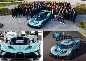 A group of people stands around a turquoise Bugatti Bolide hypercar; close-ups and side views of the same car, likely part of a private car collection, are shown in the lower two images.