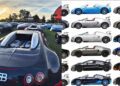 A record-breaking gathering: 60 Bugattis unite at the Las Vegas Concours d’Elegance, with sports cars parked outdoors at sunset on the left and various Bugatti models shown in profile on a white background on the right.