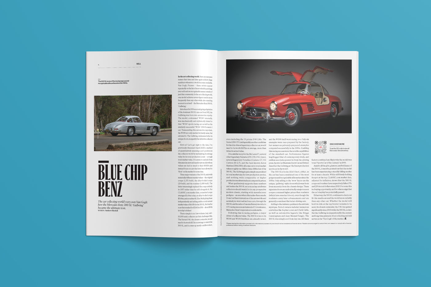 A duPont REGISTRY magazine spread featuring articles and photos of classic Mercedes-Benz cars—including a silver coupe on the left page and a red gullwing coupe on the right—set against a blue background, perfect for December 2025.