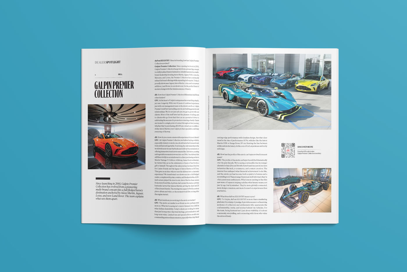 Open magazine on a blue surface showing a December 2025 duPont REGISTRY article about the Galpin Premier Collection, featuring images of luxury cars in a showroom.