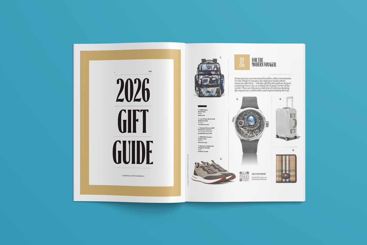 An open magazine features a “2026 Gift Guide” title on the left page and various luxury gift items with descriptions and images on the right, set against a blue background—perfect for the December 2025 duPont REGISTRY edition.