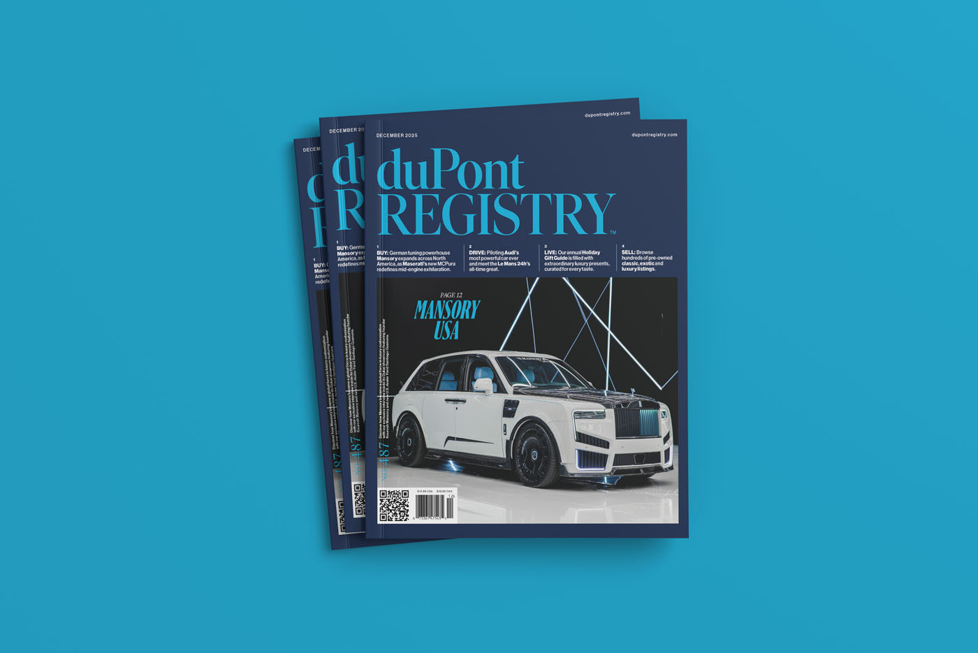 A stack of duPont REGISTRY magazines featuring a white luxury car on the cover, set against a blue background, highlights the exclusive December 2025 issue.