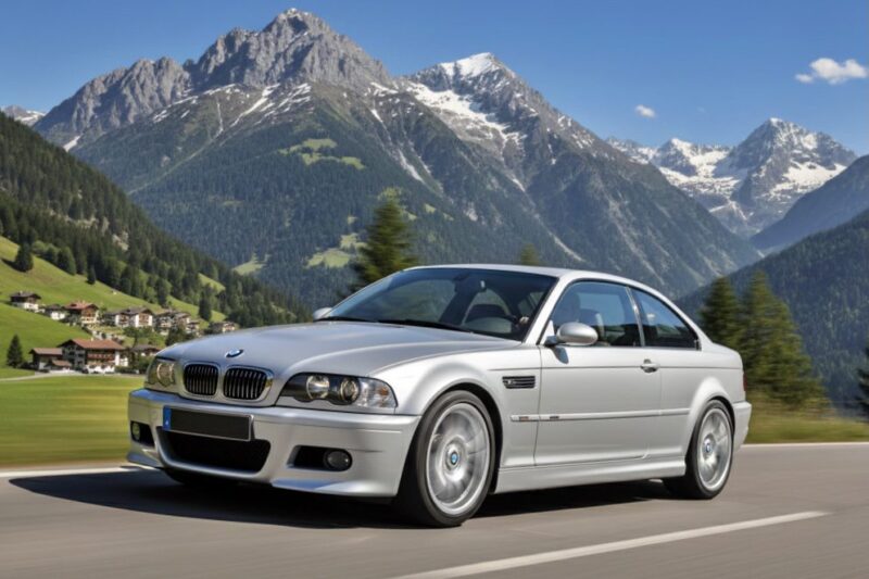 A silver E46 M3 coupe drives on a scenic mountain road with alpine peaks and village houses in the background, blending modern-day performance with classic style under a clear blue sky.