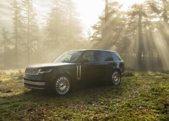A black Range Rover SUV parked on grass in a sunlit forest clearing with rays of sunlight streaming through the trees.