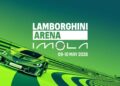 A neon green Lamborghini on the Imola racetrack with text: "Lamborghini Arena Imola, 09-10 May 2026" and the Lamborghini logo in the top right corner.