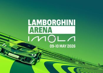 A neon green Lamborghini on the Imola racetrack with text: "Lamborghini Arena Imola, 09-10 May 2026" and the Lamborghini logo in the top right corner.