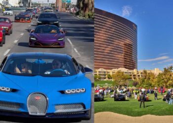 A convoy of luxury sports cars drives down a city street; on the right, similar cars are displayed on a lawn near tall buildings under a blue sky as the 2025 Las Vegas Concours becomes hypercar ground zero.