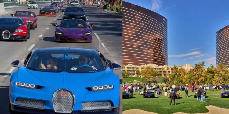 A convoy of luxury sports cars drives down a city street; on the right, similar cars are displayed on a lawn near tall buildings under a blue sky as the 2025 Las Vegas Concours becomes hypercar ground zero.