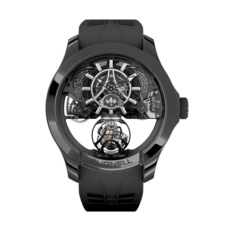 A black Purnell wristwatch with an openwork dial showcasing intricate mechanical components and a visible tourbillon at the bottom—an exceptional example among the best luxury watches.