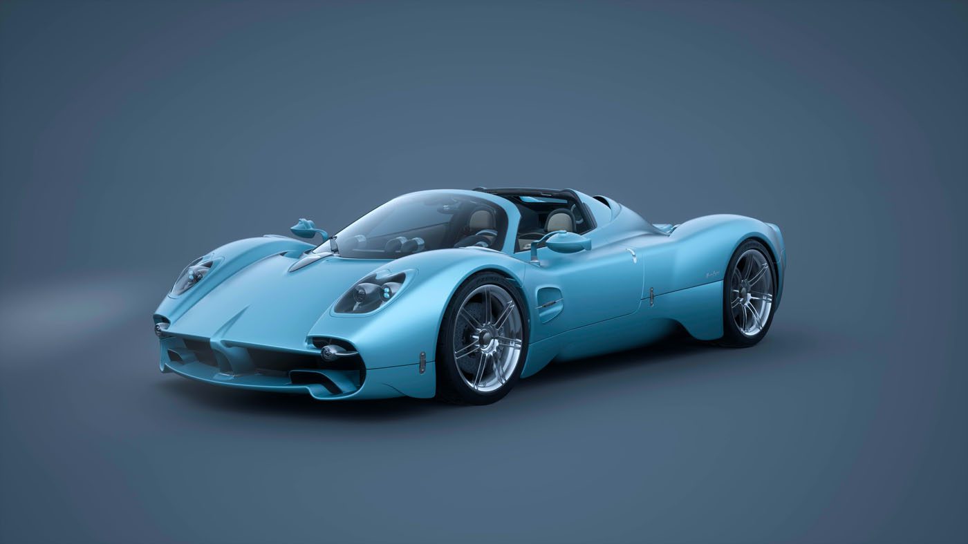 A light blue Utopia Roadster convertible sports car with sleek, aerodynamic design is parked on a plain, neutral background, channeling the exclusivity of Pagani Residences and their ultra-rare penthouses.