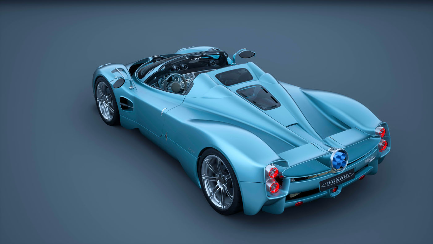 A light blue Utopia Roadster sports car with a convertible top, shown from the rear angle, featuring sleek curves, dual exhausts, and a futuristic design—worthy of being parked at Pagani Residences or in ultra-rare penthouses.