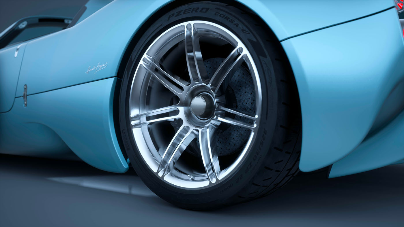 Close-up view of a rear wheel and tire on a light blue sports car, showcasing the detailed alloy rim, brake disc, and Pirelli P Zero branding—reflecting the exclusivity seen in Utopia Roadster models or ultra-rare penthouses at Pagani Residences.