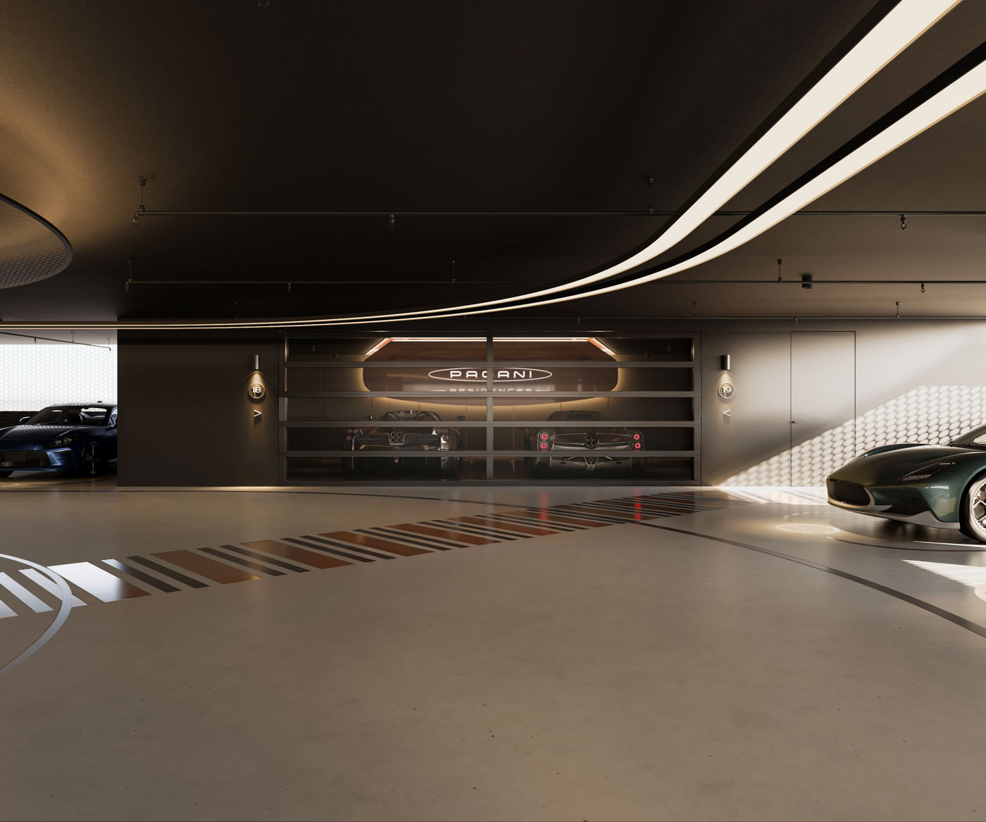 A modern, spacious garage with luxury sports cars displayed behind glass walls and sleek lighting overhead—an automotive haven inspired by Pagani Residences, featuring the iconic Utopia Roadster.