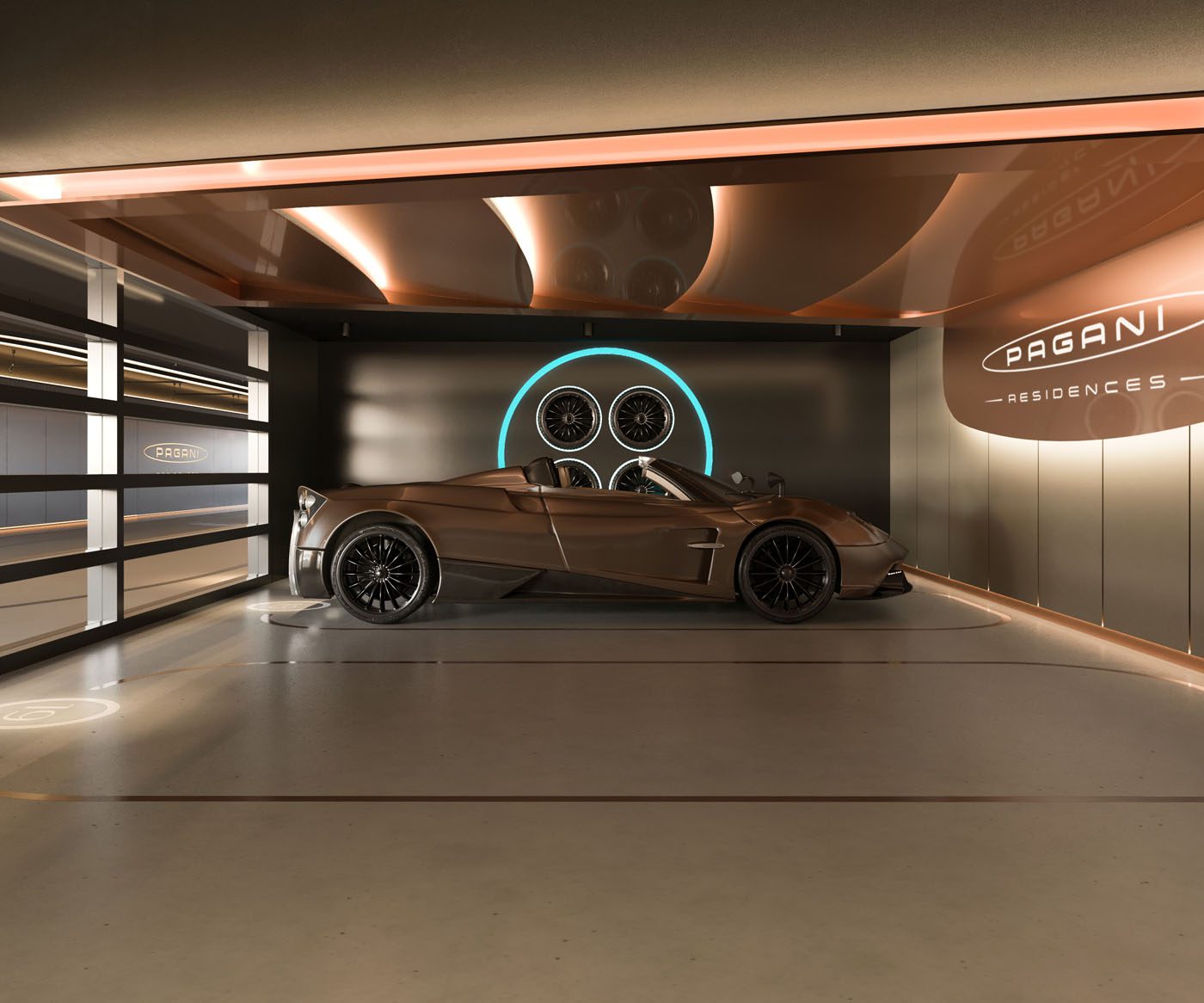 A bronze Utopia Roadster is parked in a modern, well-lit garage with "Pagani Residences" branding on the wall and decorative circular lights above—perfect for those who appreciate ultra-rare penthouses and exclusive automotive masterpieces.