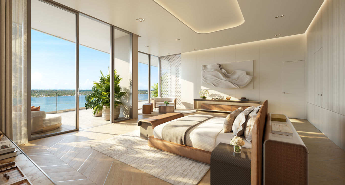 A modern, spacious bedroom at Pagani Residences with floor-to-ceiling windows, wooden furniture, plants, and a balcony overlooking the water—an ultra-rare penthouse retreat designed for ultimate comfort.