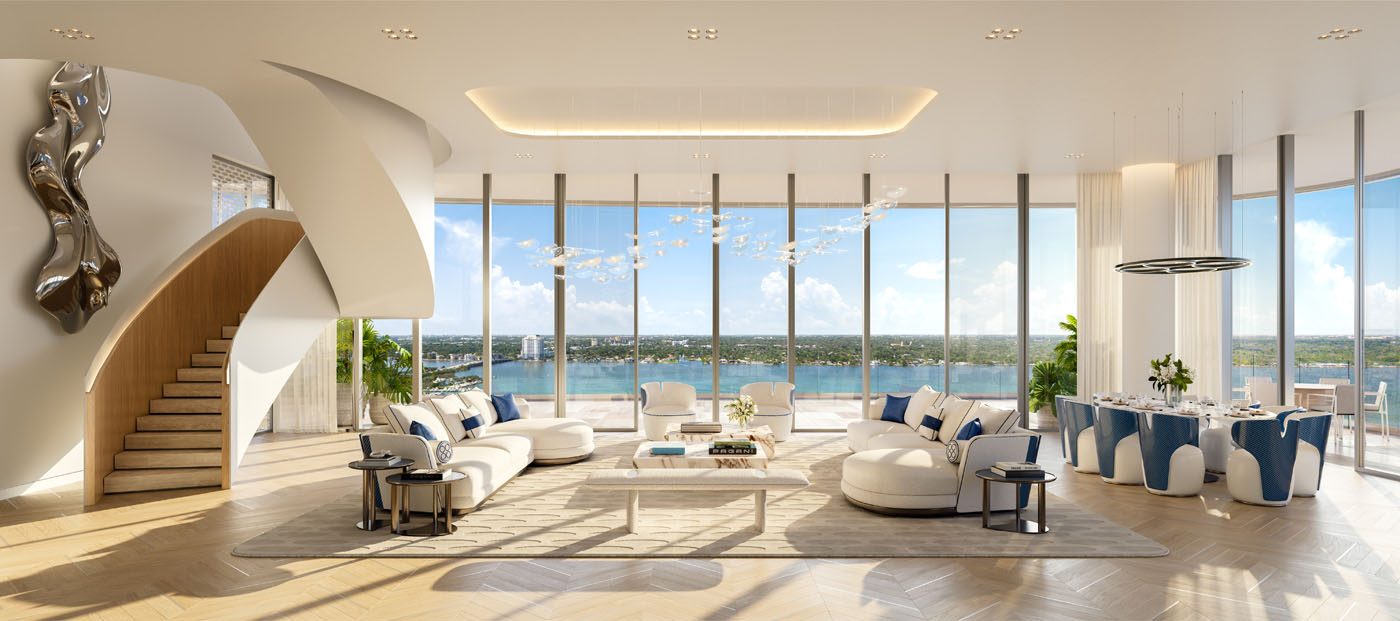 Spacious modern living room at Pagani Residences with a curved staircase, large windows offering water views, contemporary furniture, and a dining area with blue chairs—perfect for those seeking ultra-rare penthouses.