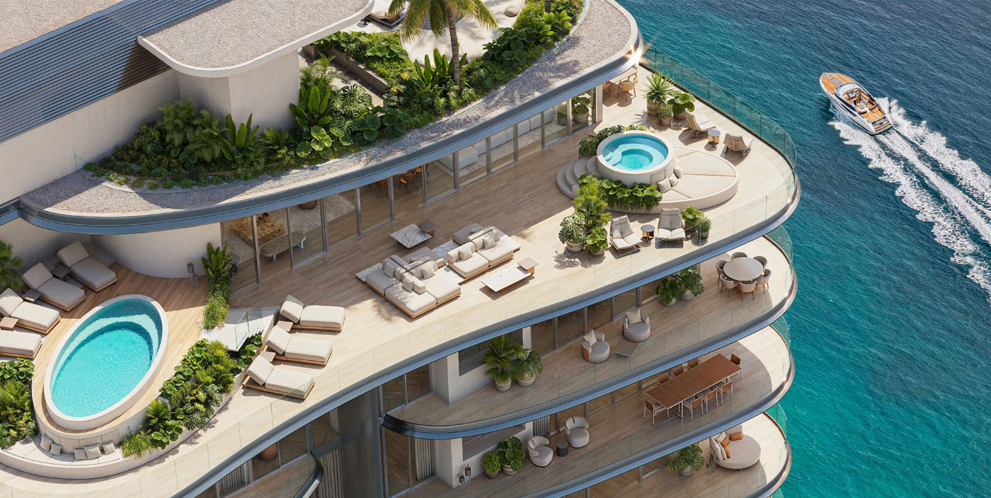 A luxury oceanfront apartment at Pagani Residences, with spacious terraces, outdoor pools, lounge areas, and abundant greenery, overlooks the sea as a boat passes by—an experience typically reserved for ultra-rare penthouses.