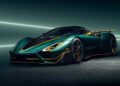 A green and black Aggressor Hypercar with yellow accents is parked indoors under dramatic lighting, showcasing its sleek, aerodynamic design and hinting at a powerful 2200HP engine.