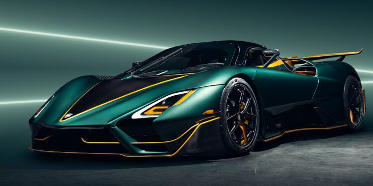A green and black Aggressor Hypercar with yellow accents is parked indoors under dramatic lighting, showcasing its sleek, aerodynamic design and hinting at a powerful 2200HP engine.