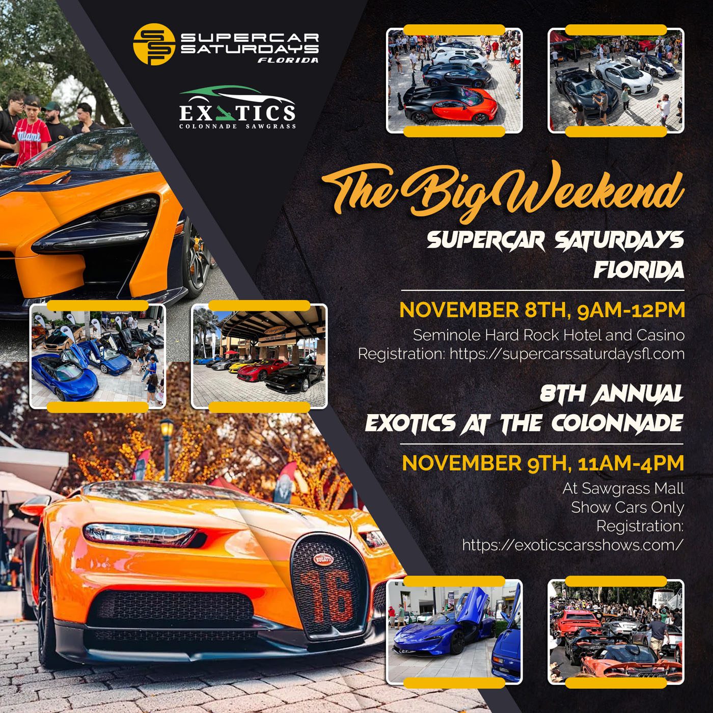 Event flyer for Supercar Saturdays Florida featuring South Florida Automotive highlights, images of luxury cars and hypercars like the Praga Bohema, event dates, locations, times, and registration details for the 8th Annual Exotics at The Colonnade.