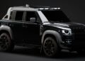 A black, modern SUV by Urban Automotive with rugged tires, roof lights, and a sleek, boxy design is shown on a dark background.