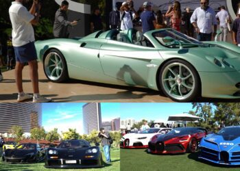 A green convertible sports car is on display with people taking photos above; below, high-end sports cars are showcased outdoors with spectators nearby at Wynn Concours 2025: Hypercars World Debuts and elevated hospitality in Las Vegas.