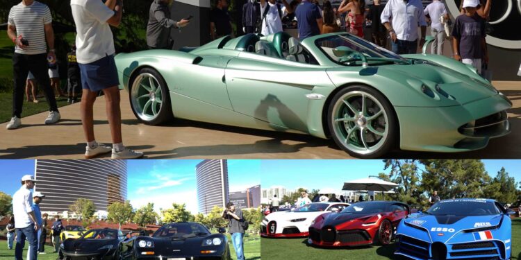 A green convertible sports car is on display with people taking photos above; below, high-end sports cars are showcased outdoors with spectators nearby at Wynn Concours 2025: Hypercars World Debuts and elevated hospitality in Las Vegas.
