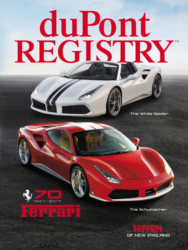 Cover Cars: duPont REGISTRY magazine features a white Ferrari 488 Spider, "The White Spider," and a red Ferrari 488 GTB, "The Schumacher," with the Ferrari 70th anniversary logo, celebrating automotive icons.